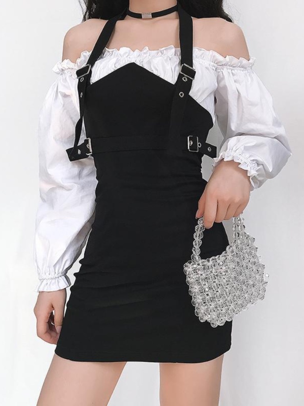 Black & White Off Shoulder Ruffle Mini Dress | Harness Strap Gothic Y2K Dress